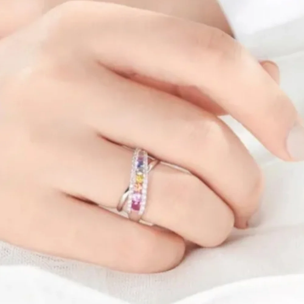 Elegant Multicolor Gemstone Silvery Ring Sz 7